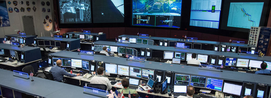 De controlekamer van het Space Station in Houston, Texas, in 2017